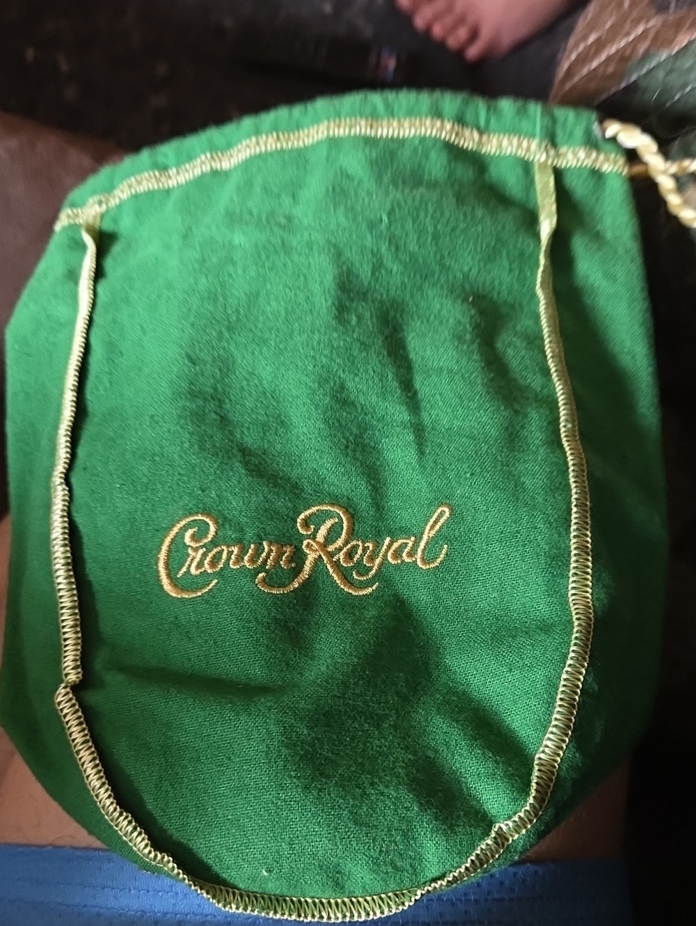 Crown Royal Green Velvet Drawstring Travel Pouch with Gold Embroidery